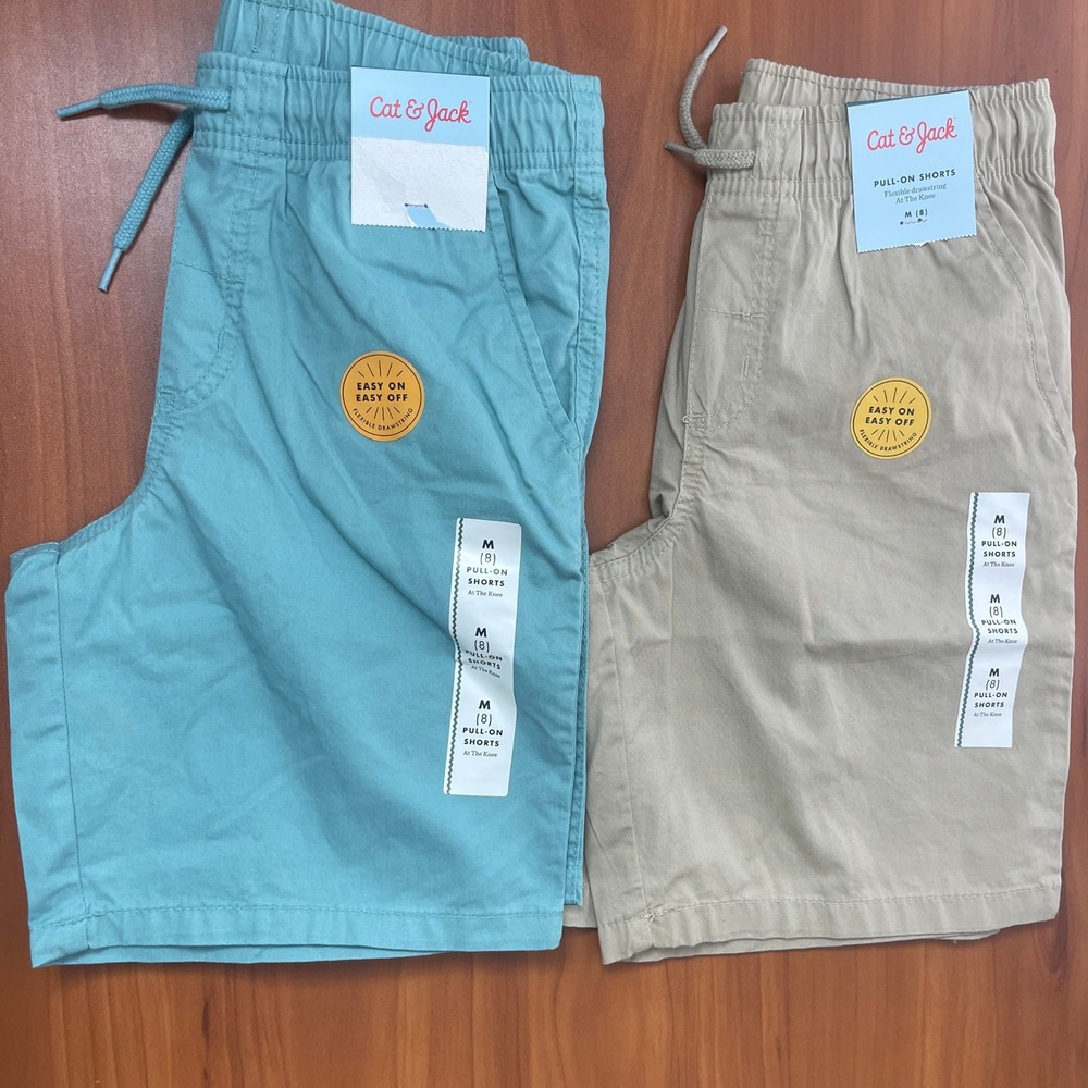 Lot of 2 Cat & Jack Boys Pull-On Shorts Teal Beige Casual School Shorts M Size 8